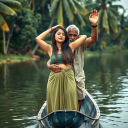 A realistic photograph featuring a pale-skinned girl standing in a small canoe with an elderly Indian man
