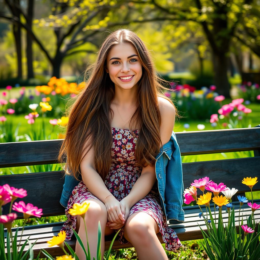 A portrait of a young woman with long, flowing brown hair, sitting on a park bench in a beautiful spring garden