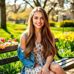A portrait of a young woman with long, flowing brown hair, sitting on a park bench in a beautiful spring garden