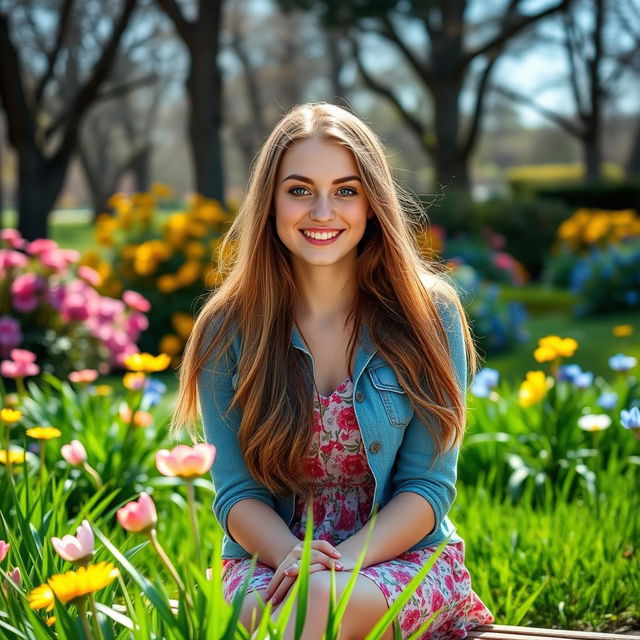 A portrait of a young woman with long, flowing brown hair, sitting on a park bench in a beautiful spring garden