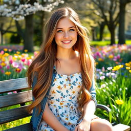 A portrait of a young woman with long, flowing brown hair, sitting on a park bench in a beautiful spring garden