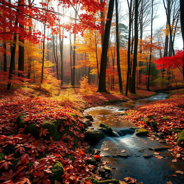 A picturesque forest scene during autumn with vibrant red, orange, and yellow leaves covering the ground, tall trees in the background, and soft sunlight filtering through the branches