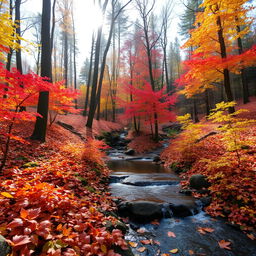 A picturesque forest scene during autumn with vibrant red, orange, and yellow leaves covering the ground, tall trees in the background, and soft sunlight filtering through the branches