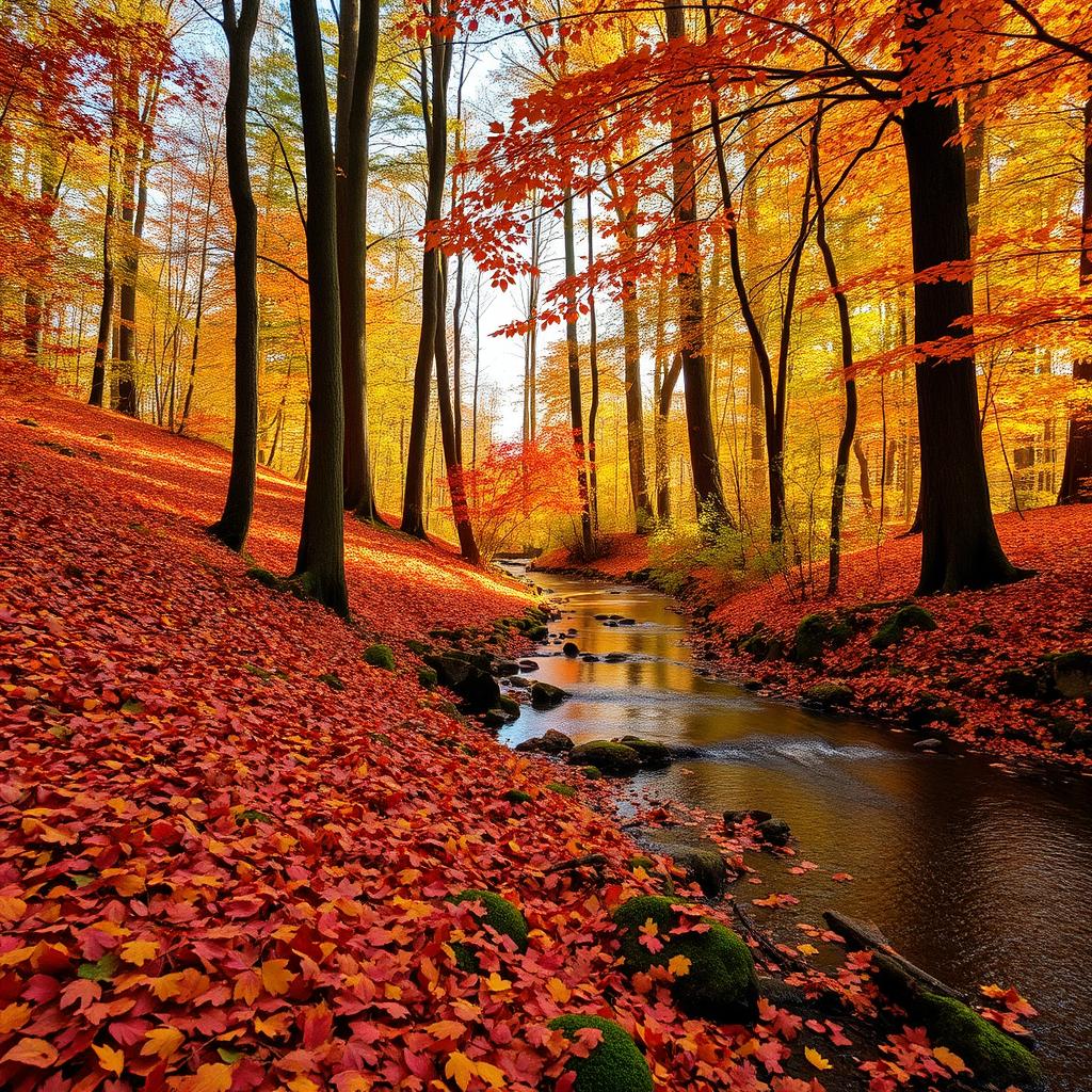 A picturesque forest scene during autumn with vibrant red, orange, and yellow leaves covering the ground, tall trees in the background, and soft sunlight filtering through the branches