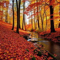 A picturesque forest scene during autumn with vibrant red, orange, and yellow leaves covering the ground, tall trees in the background, and soft sunlight filtering through the branches