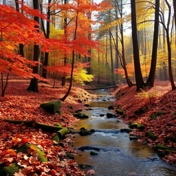 A picturesque forest scene during autumn with vibrant red, orange, and yellow leaves covering the ground, tall trees in the background, and soft sunlight filtering through the branches