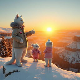 A highly detailed and realistic 3D rendered scene featuring two anthropomorphic white cats standing on a snowy mountain cliff, overlooking a breathtaking valley at sunset