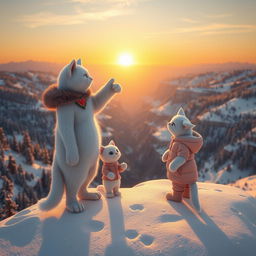 A highly detailed and realistic 3D rendered scene featuring two anthropomorphic white cats standing on a snowy mountain cliff, overlooking a breathtaking valley at sunset