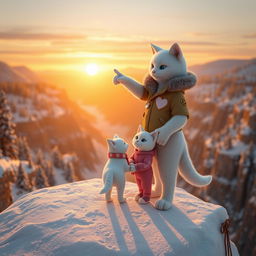 A highly detailed and realistic 3D rendered scene featuring two anthropomorphic white cats standing on a snowy mountain cliff, overlooking a breathtaking valley at sunset