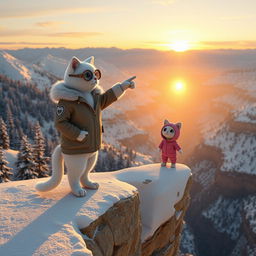 A highly detailed and realistic 3D rendered scene featuring two anthropomorphic white cats standing on a snowy mountain cliff, overlooking a breathtaking valley at sunset