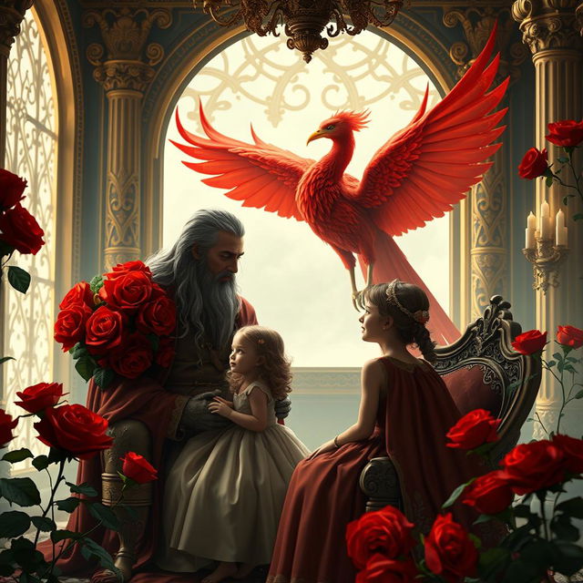 A regal scene depicting a long-haired king engaging in a conversation with his young daughter inside a lavish room