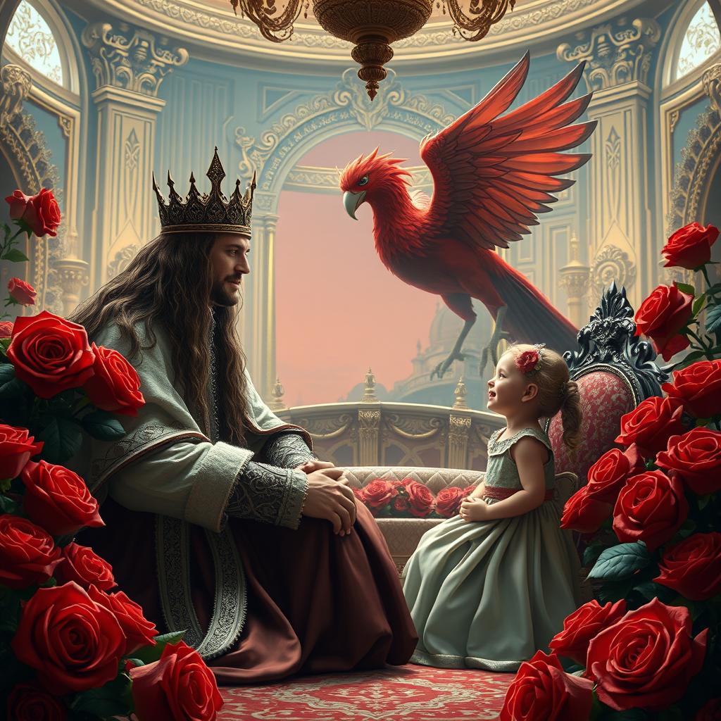A regal scene depicting a long-haired king engaging in a conversation with his young daughter inside a lavish room