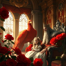 A regal scene depicting a long-haired king engaging in a conversation with his young daughter inside a lavish room