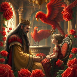 A regal scene depicting a long-haired king engaging in a conversation with his young daughter inside a lavish room