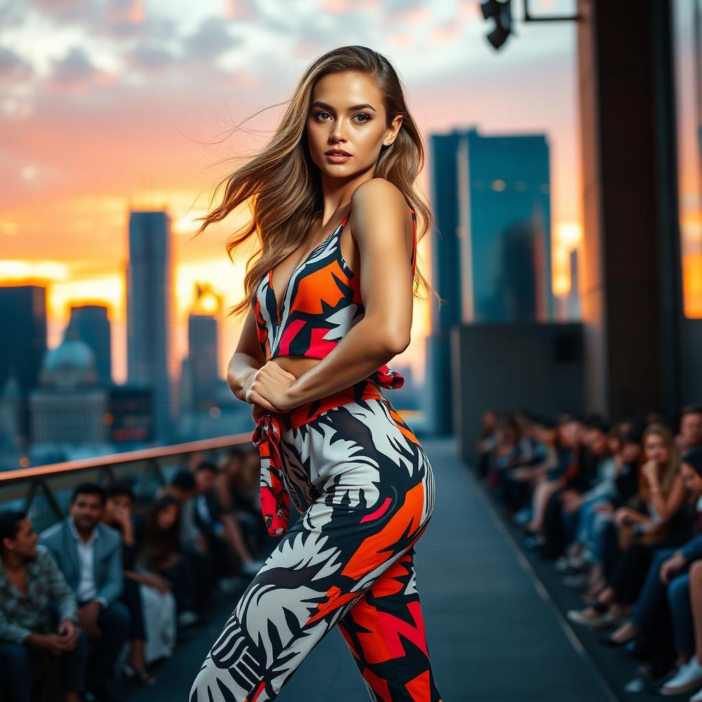 A stunning female model posing confidently on an elegant fashion runway in a vibrant cityscape at sunset