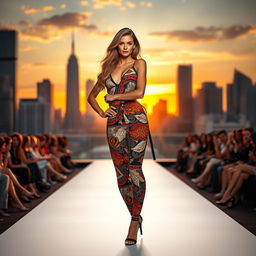 A stunning female model posing confidently on an elegant fashion runway in a vibrant cityscape at sunset
