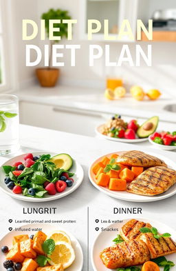 A motivational and visually appealing diet plan for women showcasing a variety of healthy foods