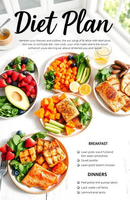A motivational and visually appealing diet plan for women showcasing a variety of healthy foods