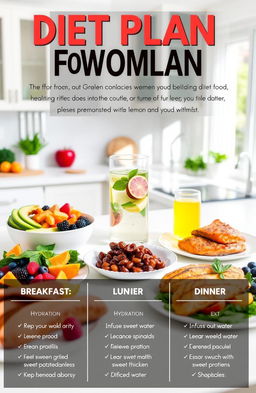 A motivational and visually appealing diet plan for women showcasing a variety of healthy foods