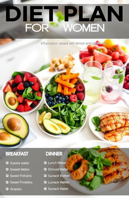 A motivational and visually appealing diet plan for women showcasing a variety of healthy foods