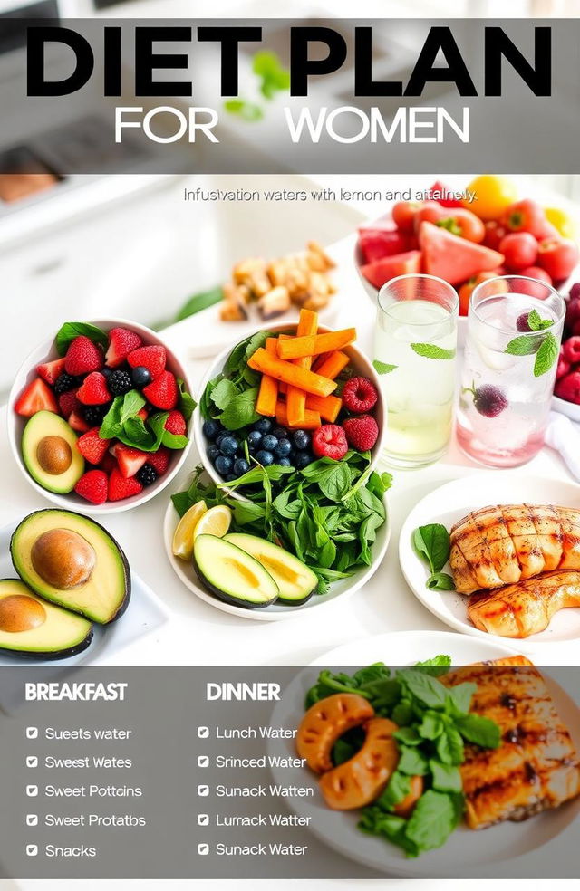 A motivational and visually appealing diet plan for women showcasing a variety of healthy foods