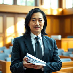 A confident advocate standing in a courtroom, wearing a professional dark suit with a crisp white shirt and a stylish tie