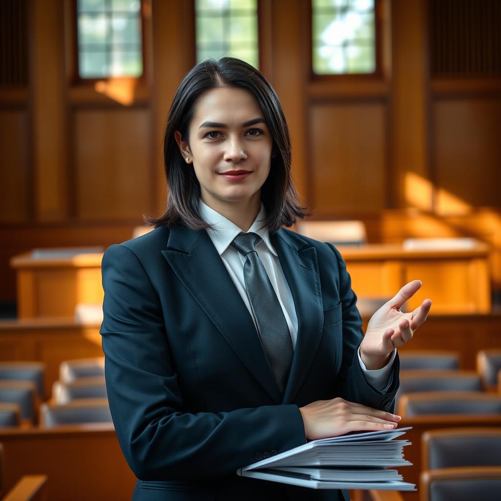 A confident advocate standing in a courtroom, wearing a professional dark suit with a crisp white shirt and a stylish tie