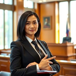 A confident advocate standing in a courtroom, wearing a professional dark suit with a crisp white shirt and a stylish tie