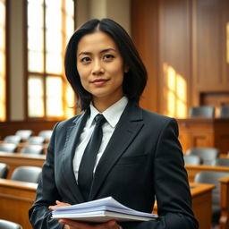 A confident advocate standing in a courtroom, wearing a professional dark suit with a crisp white shirt and a stylish tie