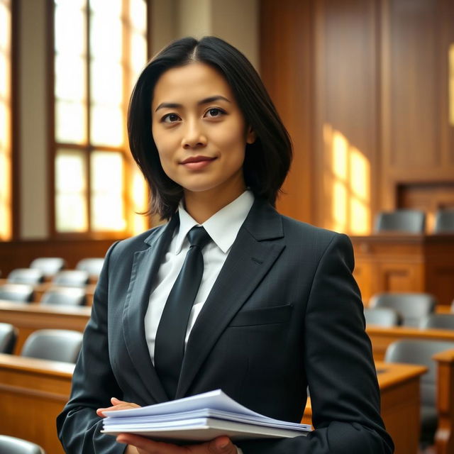 A confident advocate standing in a courtroom, wearing a professional dark suit with a crisp white shirt and a stylish tie