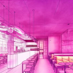 Sketch-style interior illustration of a minimalist, futuristic restaurant. Upon entering, you are greeted by a futuristic counter on the right and six dining tables on the left, arranged in pairs. A sofa is up against the direct wall, and there's a door to the right of that wall.