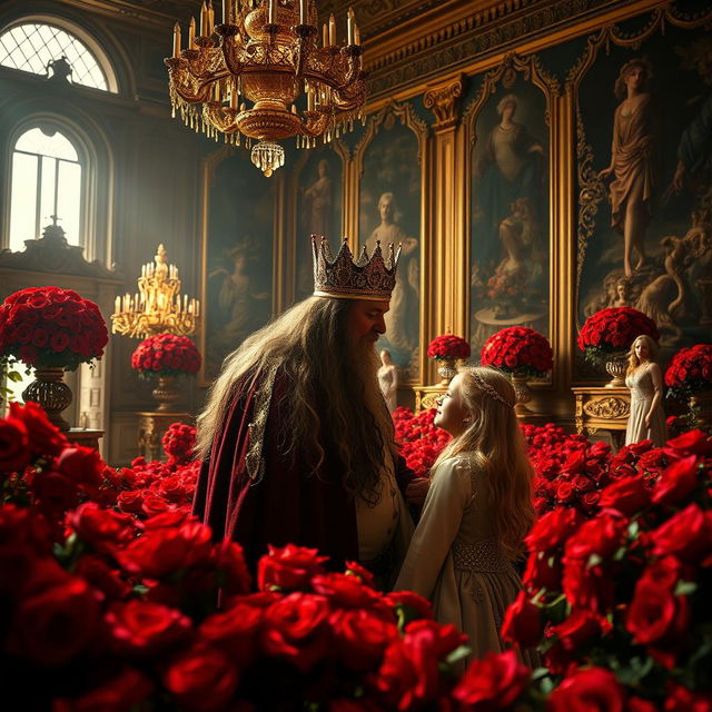A majestic scene inside a lavish palace room adorned with countless red roses