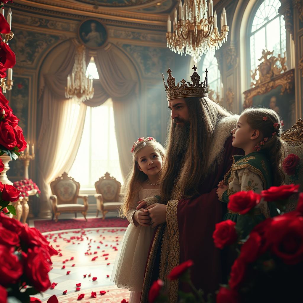 A majestic scene inside a lavish palace room adorned with countless red roses