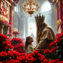 A majestic scene inside a lavish palace room adorned with countless red roses