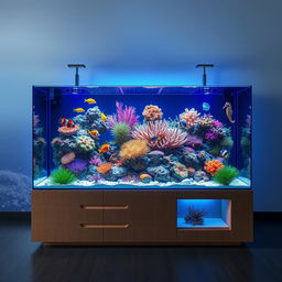 A stunning aquarium design featuring a large, rectangular glass tank filled with vibrant coral reefs and diverse marine life