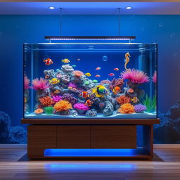 A stunning aquarium design featuring a large, rectangular glass tank filled with vibrant coral reefs and diverse marine life
