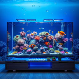 A stunning aquarium design featuring a large, rectangular glass tank filled with vibrant coral reefs and diverse marine life