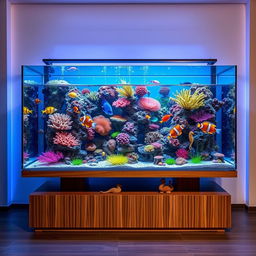 A stunning aquarium design featuring a large, rectangular glass tank filled with vibrant coral reefs and diverse marine life