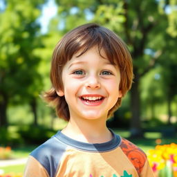 A portrait of a young boy with a bright smile, his eyes wide open and sparkling with joy