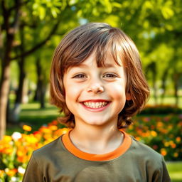 A portrait of a young boy with a bright smile, his eyes wide open and sparkling with joy