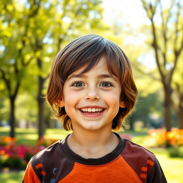 A portrait of a young boy with a bright smile, his eyes wide open and sparkling with joy