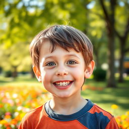 A portrait of a young boy with a bright smile, his eyes wide open and sparkling with joy