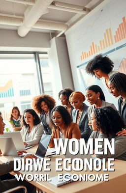 A dynamic and inspiring representation of women driving the world economy, showcasing a diverse group of women from various cultures engaging in business activities