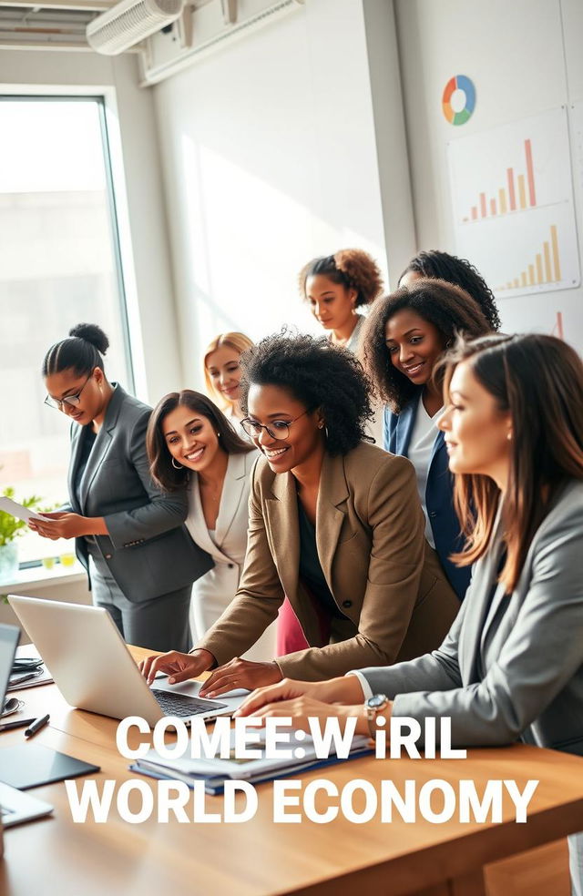 A dynamic and inspiring representation of women driving the world economy, showcasing a diverse group of women from various cultures engaging in business activities