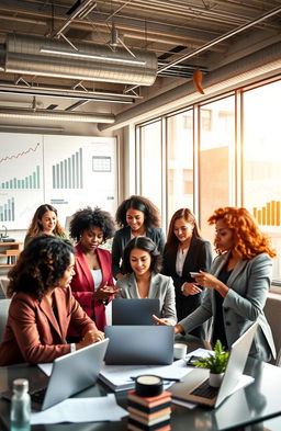 A dynamic and inspiring representation of women driving the world economy, showcasing a diverse group of women from various cultures engaging in business activities