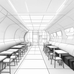 Sketch-style interior illustration of a minimalist, futuristic restaurant. Upon entering, you are greeted by a futuristic counter on the right and six dining tables on the left, arranged in pairs. A sofa is up against the direct wall, and there's a door to the right of that wall.