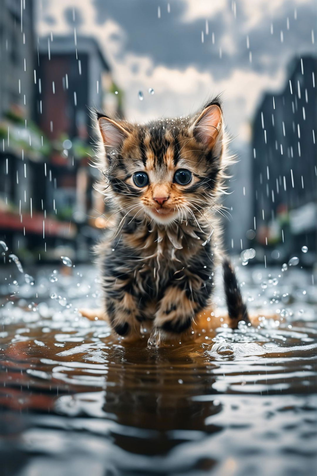 A high-definition image of an adorable kitten playing in a puddle on a rainy day