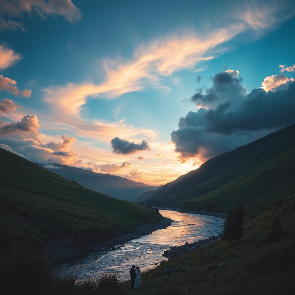 A cinematic photograph featuring a stunning landscape under a vibrant, sexy blue sky