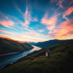 A cinematic photograph featuring a stunning landscape under a vibrant, sexy blue sky
