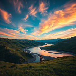 A cinematic photograph featuring a stunning landscape under a vibrant, sexy blue sky